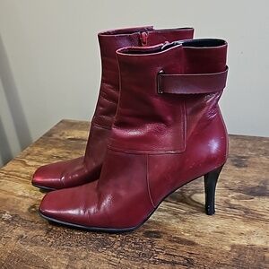 Nine West Red Leather Ankle Boots 3.5" Heel Size 10M